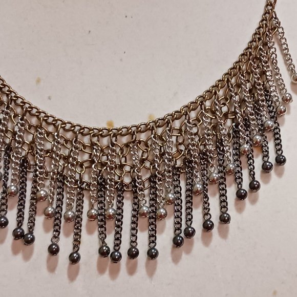 Hand Crafted Tritone Fashion Bib Fringe Statement Necklace - Picture 2 of 6